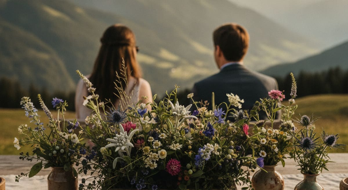 Rustikales Tischgesteck mit Alpenblumen vor unscharfem Bergpanorama in Vorarlberg