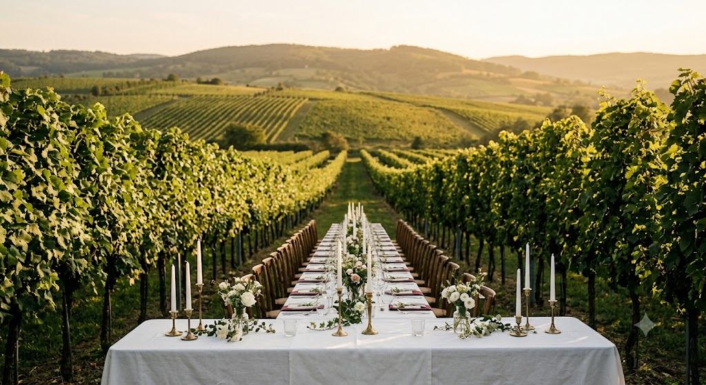 Hochzeitstafel zwischen Weinreben im Burgenland bei Abendlicht