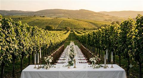 Hochzeitstafel zwischen Weinreben im Burgenland bei Abendlicht