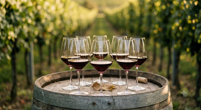 Weingläser stoßen auf rustikalem Holztisch zwischen Weinreben an