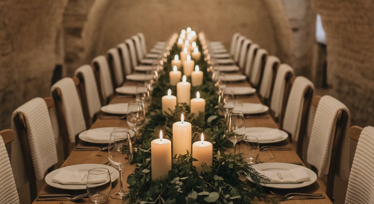 Gedeckte Tafel im Gewölbekeller mit vielen Stumpenkerzen, Eukalyptus und Tannengrün als Tischläufer, Decken über den Stuhllehnen